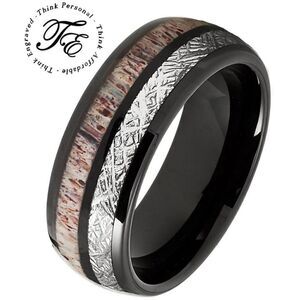 Men's Real Black Tungsten Wedding Ring Meteorite and Deer Antler Inlays